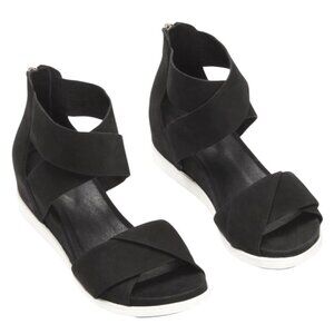 Eileen Fisher Black & White Viv Tumbled Nubuck Wedge Sandals Zipper Size 9